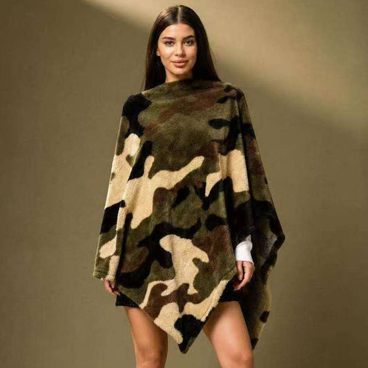 Cozy Plush Faux Fur Camouflage Print Winter Poncho