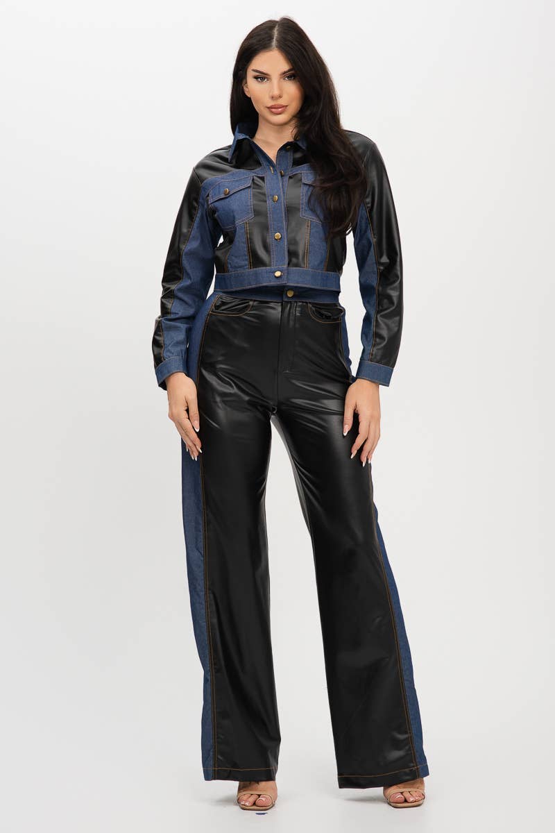 Pu Fabric Denim Contrast Jackets And Pants Set : Cognac / 1-2-2-1 (S-M-L-XL)