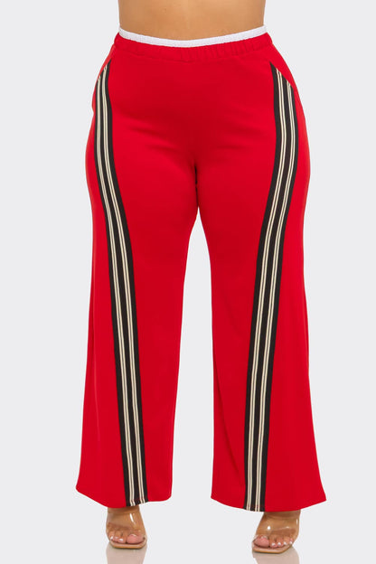Plus Size Front Stripe Tapping Detail Wide Leg Pants: Black-White / 2-2-2 (1XL-2XL-3XL)