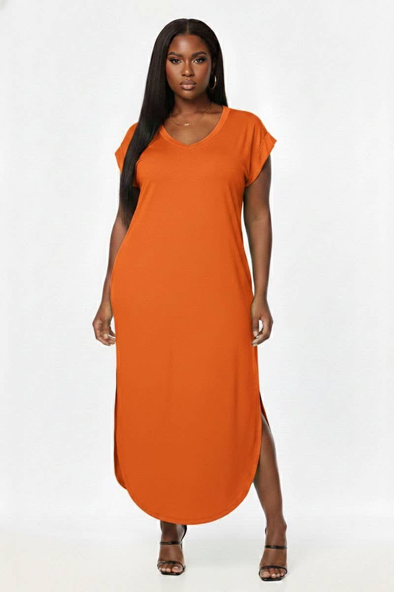 Plus Size Hidden Pocket Batwing Sleeve V Neck Long Dress: FUCHSIA / 3X