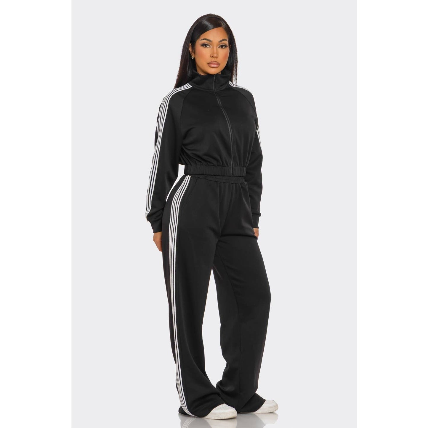 Side Striped Jacket and Track Pants Set: BLACK / S-M-L(2-2-2)