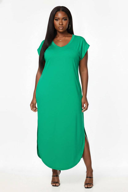 Plus Size Hidden Pocket Batwing Sleeve V Neck Long Dress: FUCHSIA / 1X