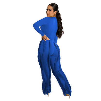MB FASHION Long-Sleeve Fringe Top and Pants Set 223LY: BLUE / M