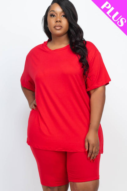 Plus Size Loose Fit Top & Bike Shorts Set: Taupe / 3X