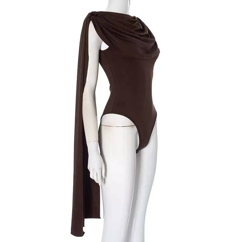 MB FASHION Draped Cape Sleeve Bodysuit 670: BLACK / M
