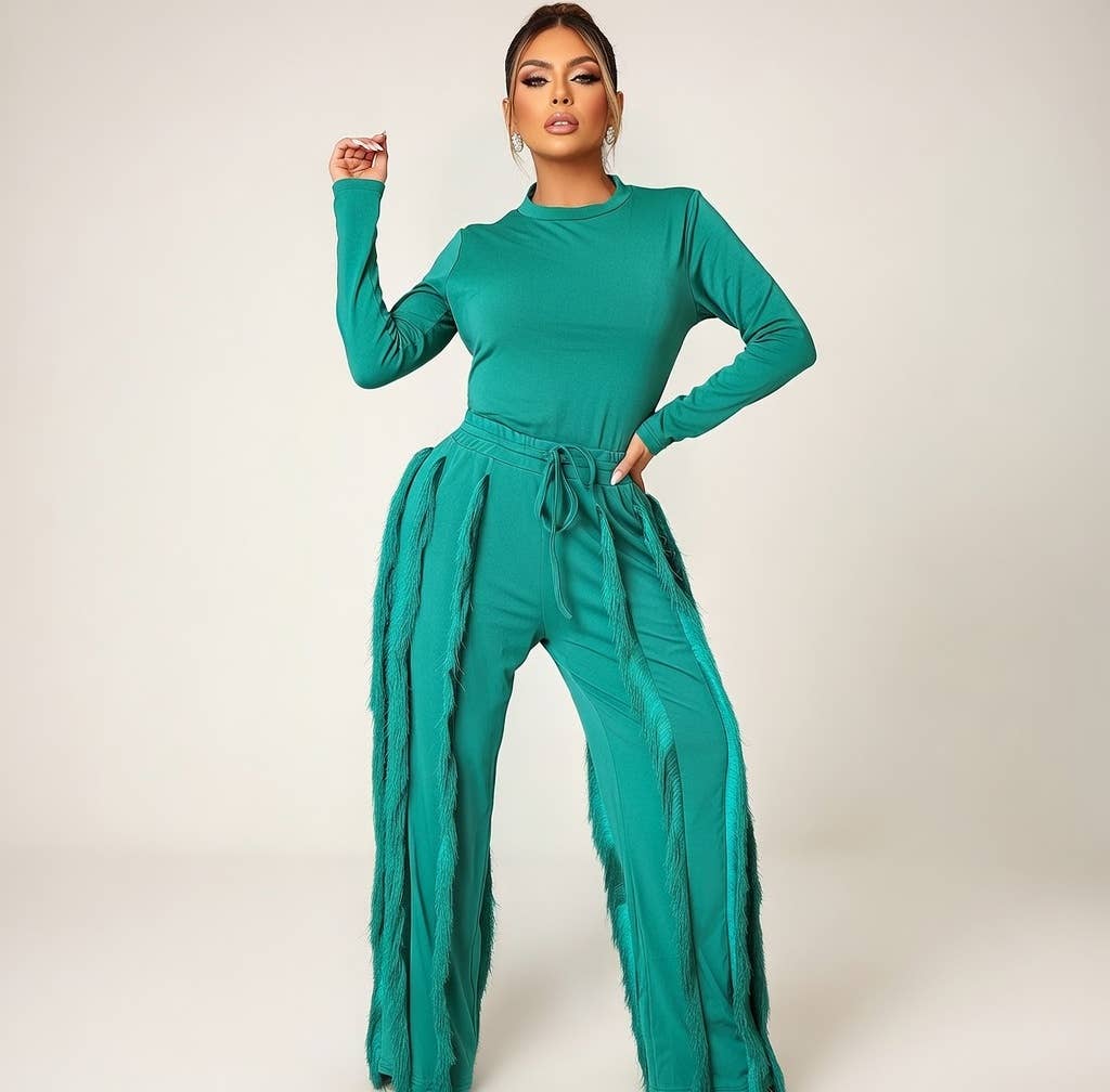 MB FASHION Long-Sleeve Fringe Top and Pants Set 223LY: ORANGE / M
