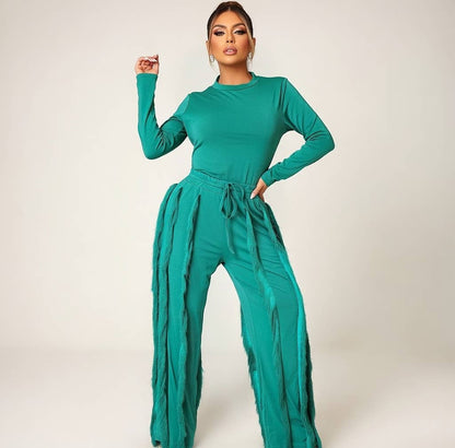 MB FASHION Long-Sleeve Fringe Top and Pants Set 223LY: ORANGE / M