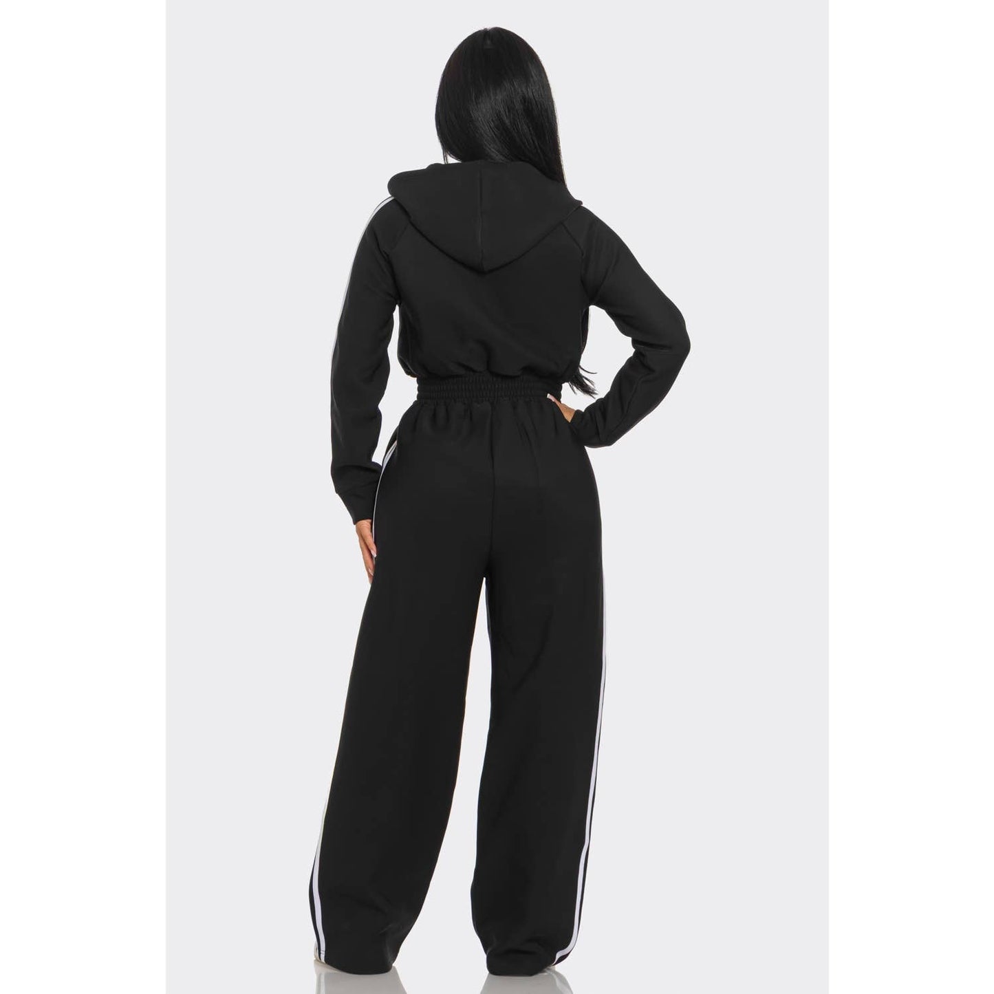 Striped Zip Up Hooded Jumpsuit: GREEN / S-M-L(2-2-2)