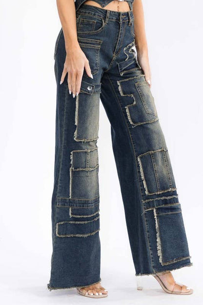 Plus Size Denim Jeans Pockets Baggy Wide Legs Pant: Denim / XL