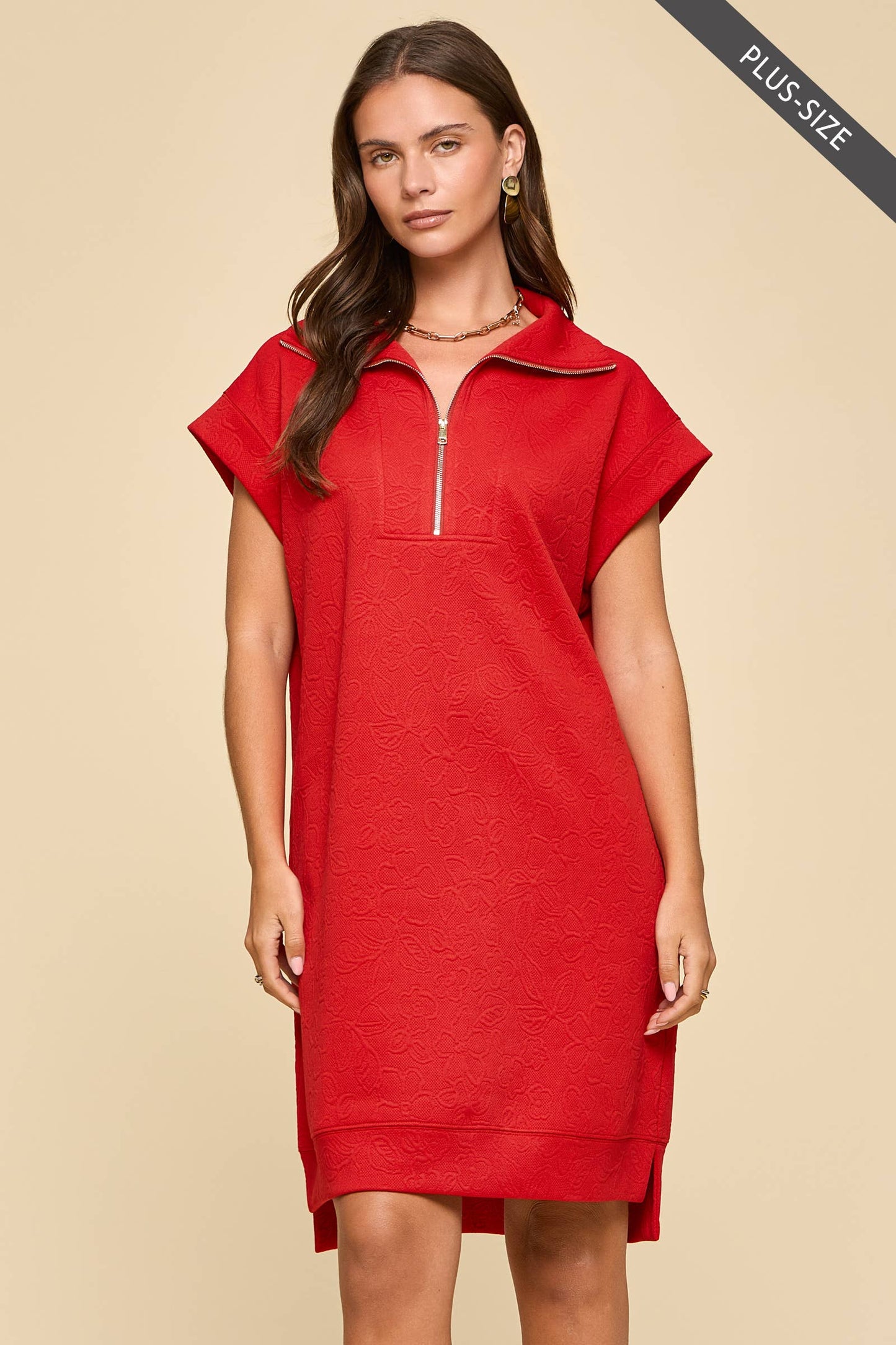 PLUS SIZE Half-Zip Jacquard Dress w/ Pockets: EMERALD POP / XL