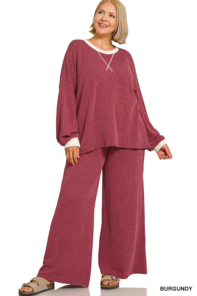 Plus Raised Rib Round Neck Pullover & Pants 2PC Set: +GREY-205252 / 2X