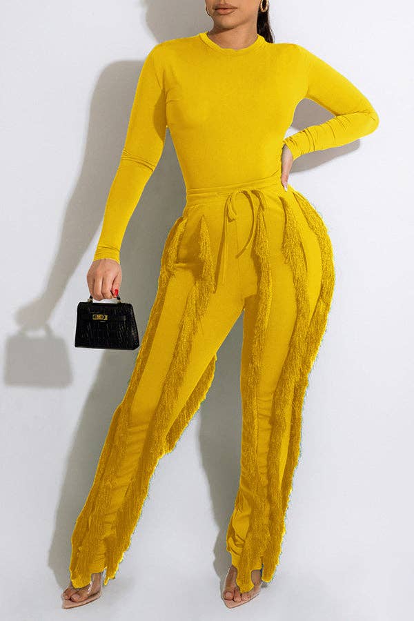MB FASHION Long-Sleeve Fringe Top and Pants Set 223LY: BLUE / M