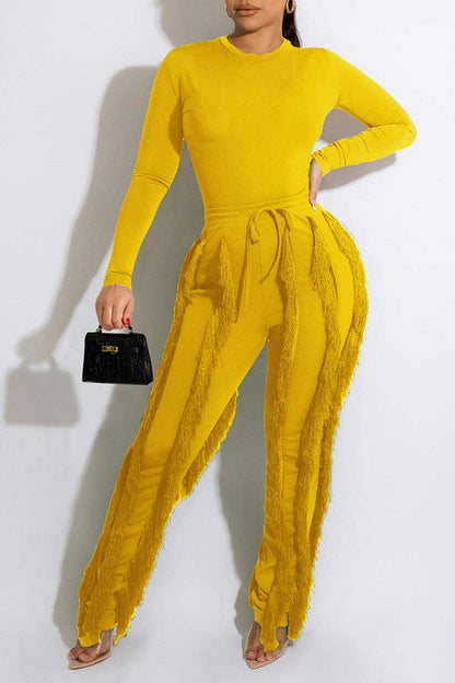 MB FASHION Long-Sleeve Fringe Top and Pants Set 223LY: ORANGE / M