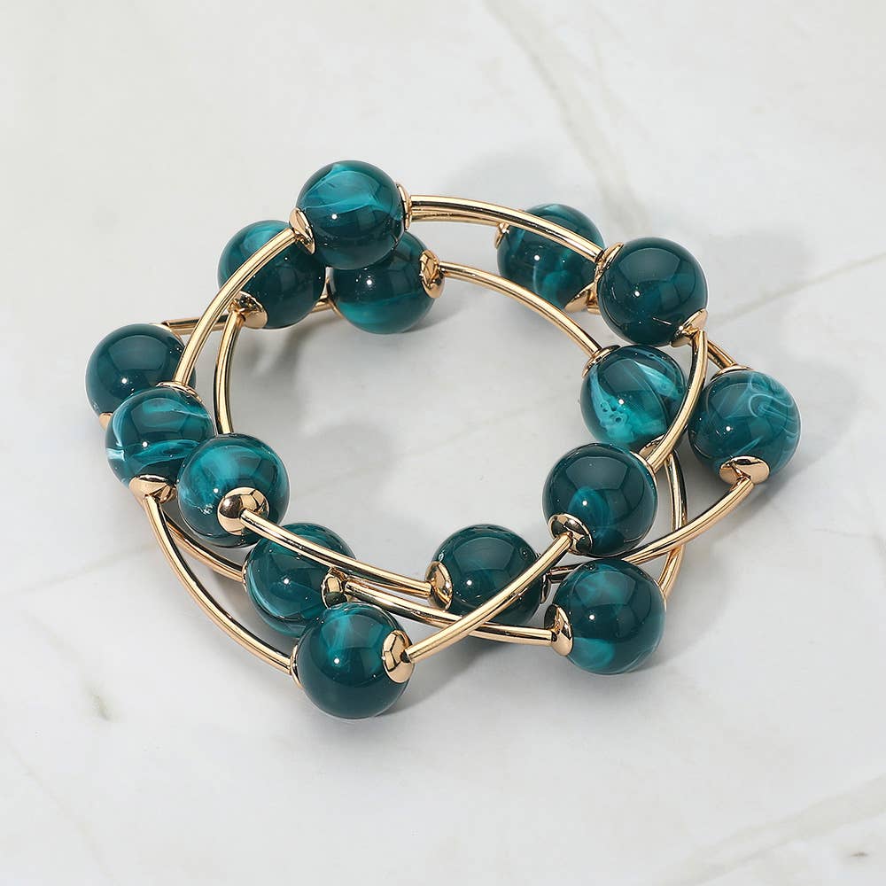 3PCS - Round Ball Wire Beaded Stretch Multi Layered Bracelets: Gold,Turquoise