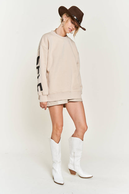 Be Yourself Love Yourself Printed Oversized Sweatshirt: OLIVE / S