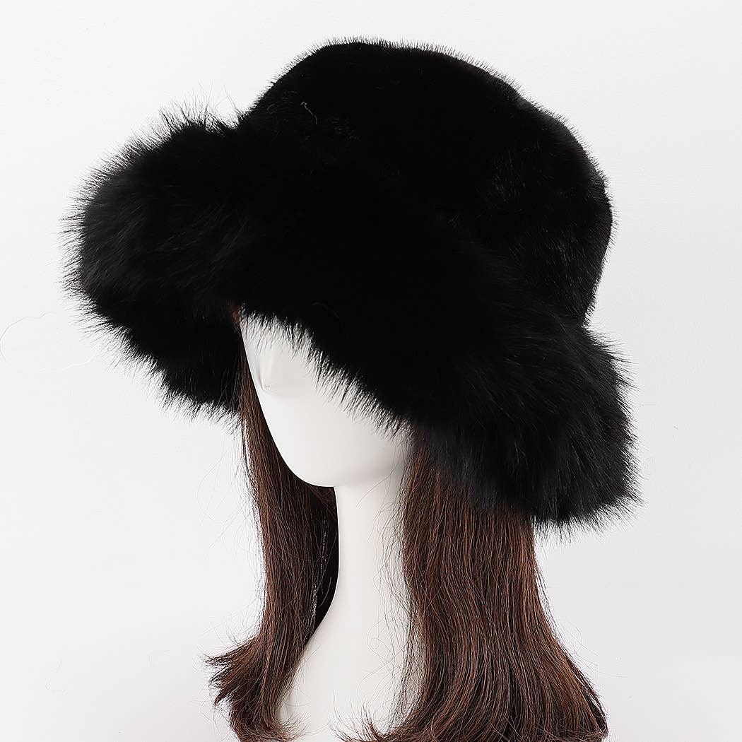 Wide Brim Faux Fur Bucket Hat: BK