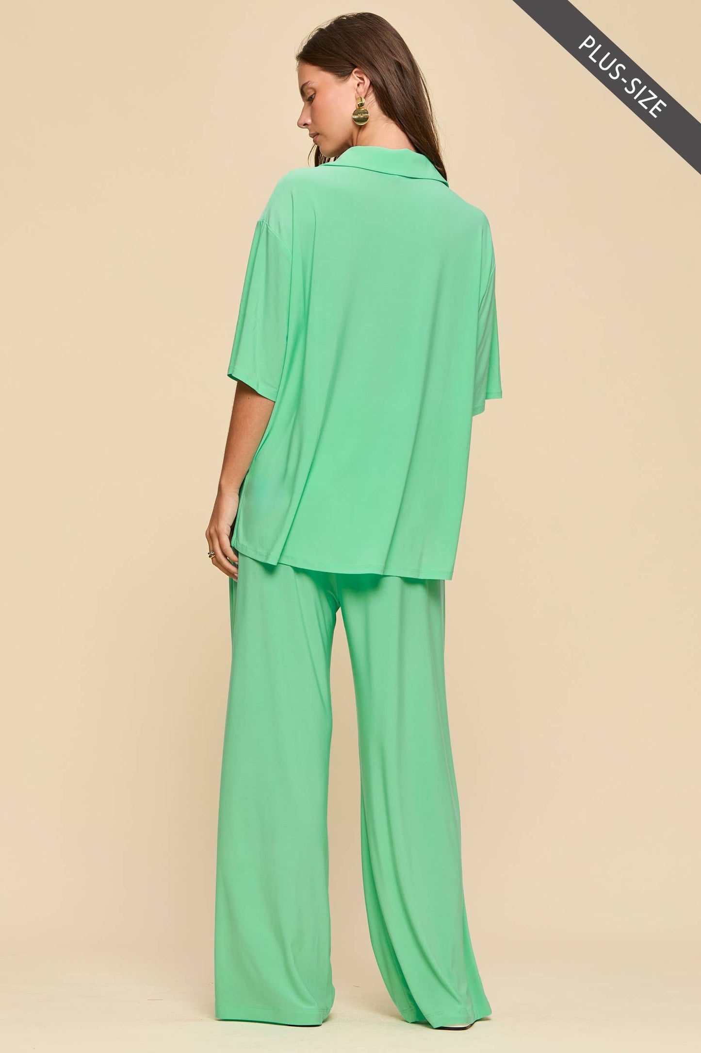 PLUS SIZE 2-Piece Blouse + Relaxed Pants Resort Wear Set: AQUA MINT / XL