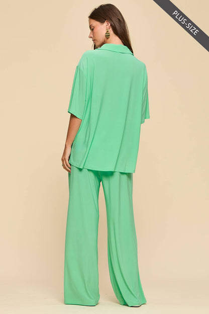 PLUS SIZE 2-Piece Blouse + Relaxed Pants Resort Wear Set: AQUA MINT / XL