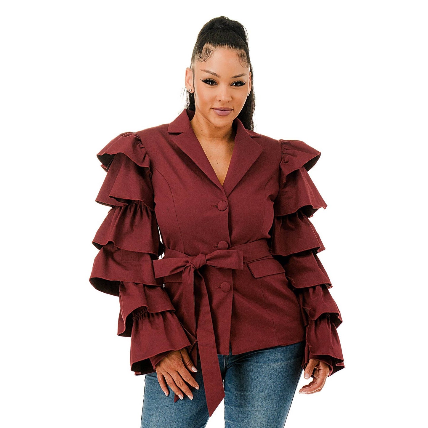 Plus Layered Ruffle Sleeve Waist Tie Blazer Jacket: OLIVE / 1XL-2XL-3XL(1-1-1)