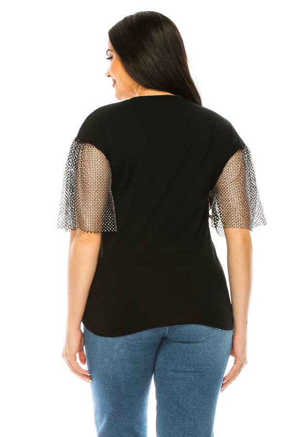 (ST2736)Fishnet Sleeves Mosaic T-shirts: White / M