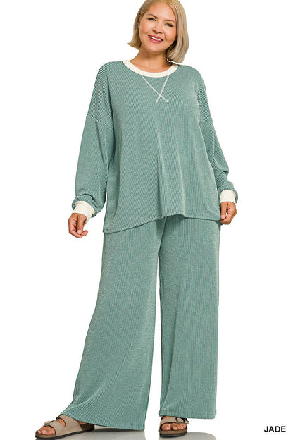 Plus Raised Rib Round Neck Pullover & Pants 2PC Set: +GREY-205252 / 2X