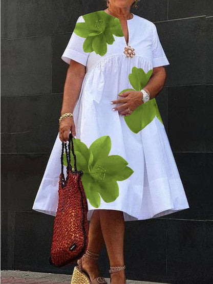 A-Line Loose Flower Print Pleated V-Neck Midi Dresses: GREEN / M