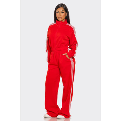 Side Striped Jacket and Track Pants Set: MOCHA / S-M-L(2-2-2)