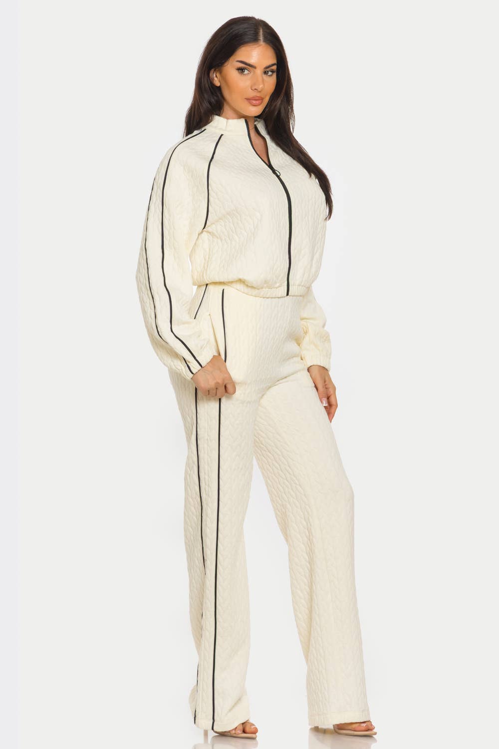 Pipping Stripes Front Zip Up Jacket And Pants Set : Cream / 1-2-2-1 (S-M-L-XL)