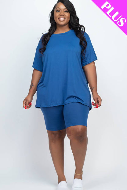 Plus Size Loose Fit Top & Bike Shorts Set: Taupe / 3X