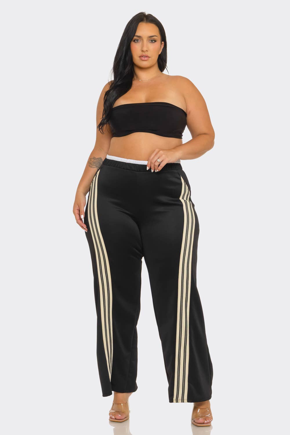 Plus Size Front Stripe Tapping Detail Wide Leg Pants: Black-White / 2-2-2 (1XL-2XL-3XL)