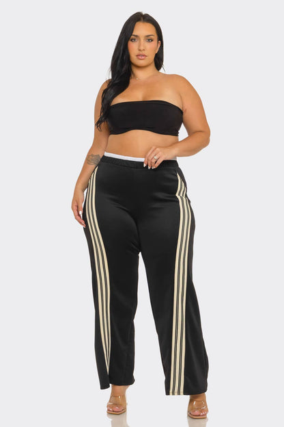 Plus Size Front Stripe Tapping Detail Wide Leg Pants: Black-White / 2-2-2 (1XL-2XL-3XL)