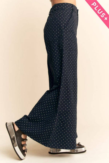 Plus - Washed Floral Print Wide-Leg Pants: NAVY DOT / 2XL