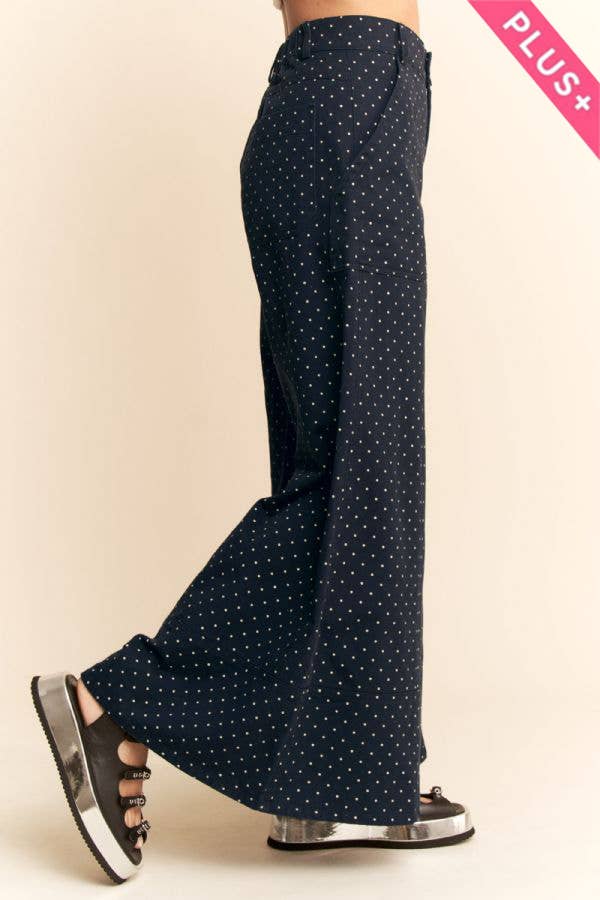 Plus - Washed Floral Print Wide-Leg Pants: NAVY DOT / 1XL