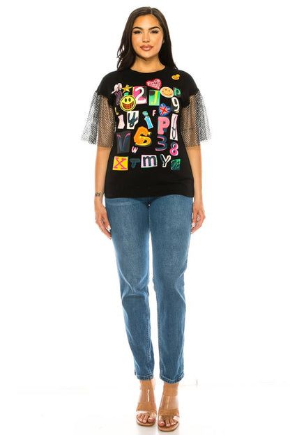 (ST2736)Fishnet Sleeves Mosaic T-shirts: Green / M