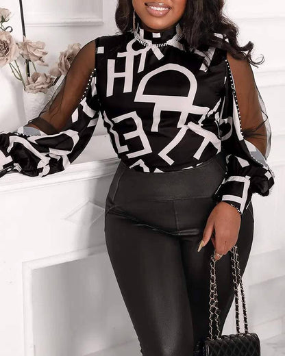 Decor letter print sheer mesh lantern sleeve top: BLACK / 1-2-2-2-1 / S-M-L-XL-2XL