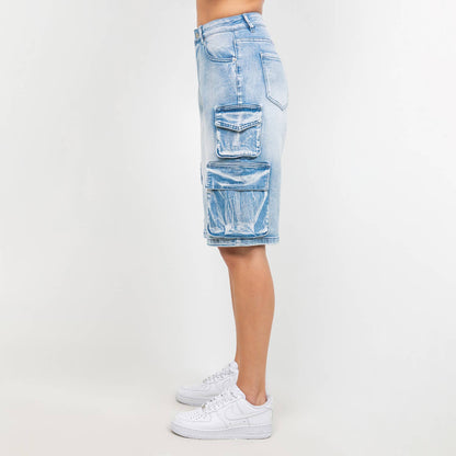 PLUS SIZE MULTIPLE POCKETS LIGHT WASH DENIM JORTS