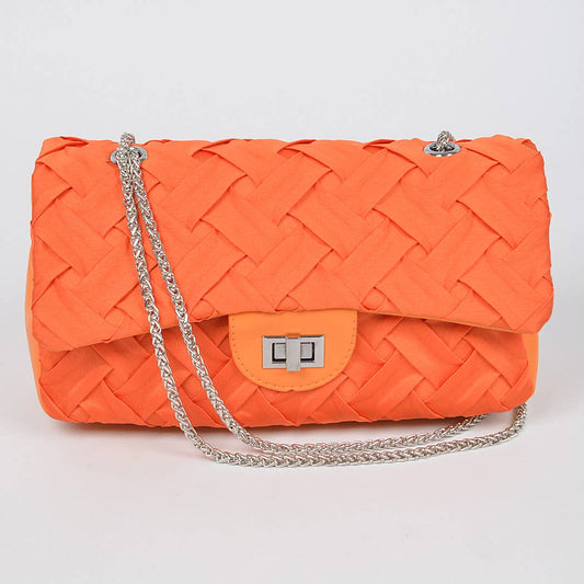 Pleated Satin Flap Shoulder Bag: Orange