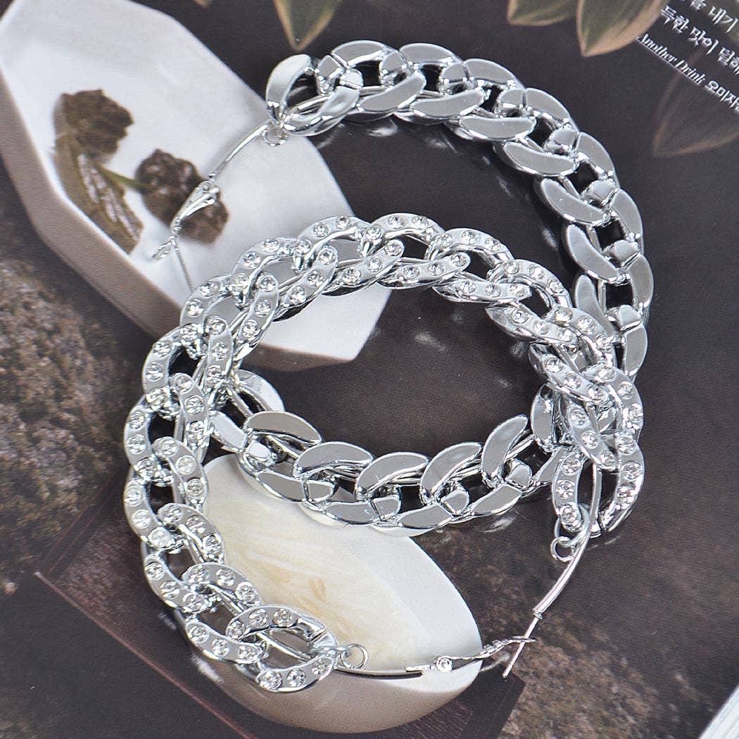 70mm Stoned Chain Hoop Earring: Silver