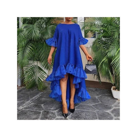Irregular Hem Solid Color Patchwork Dress: BLUE / L