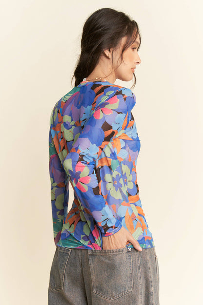 Plus - Vibrant Floral Print Mesh Long Sleeve Top: Pink Multi / 3XL