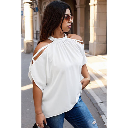 Plus Halter Open Shoulder Bat Sleeves Loose Top: WHITE / 3XL