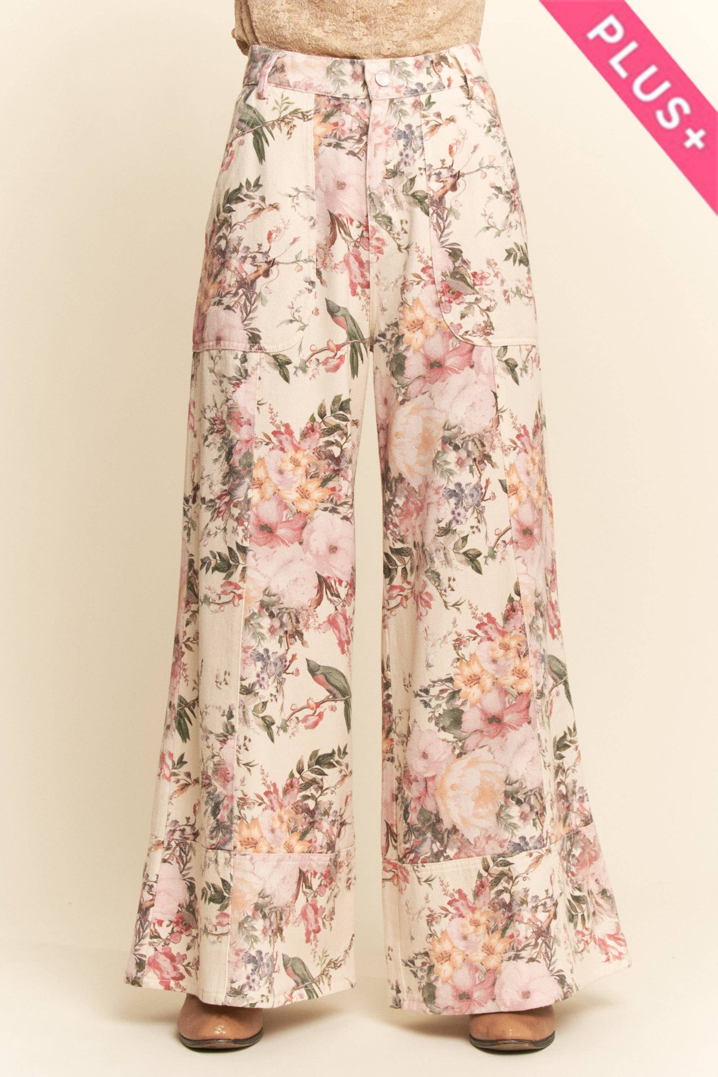 Plus - Washed Floral Print Wide-Leg Pants: NAVY DOT / 3XL