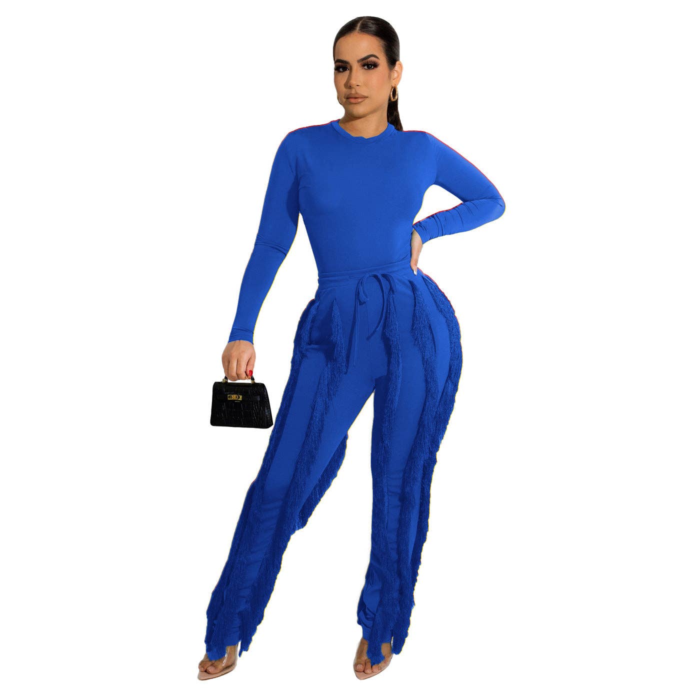 MB FASHION Long-Sleeve Fringe Top and Pants Set 223LY: BLUE / M