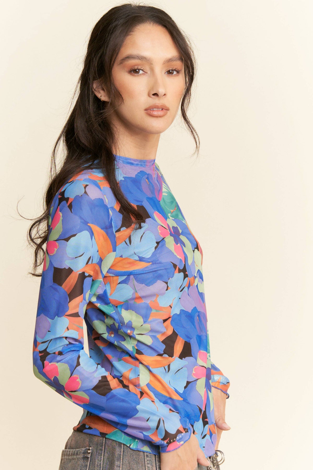 Plus - Vibrant Floral Print Mesh Long Sleeve Top: Pink Multi / 3XL