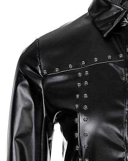 Studded decor pu leather button down shirt: BLACK / 1-1-1-1 / S-M-L-XL