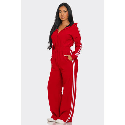 Striped Zip Up Hooded Jumpsuit: GREEN / S-M-L(2-2-2)