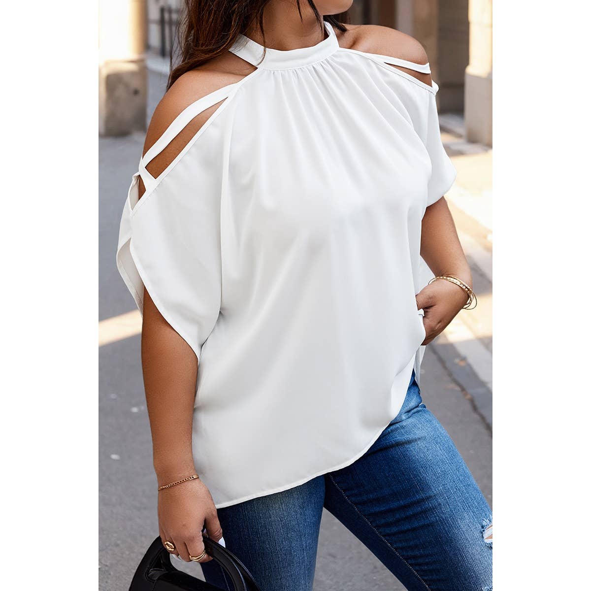 Plus Halter Open Shoulder Bat Sleeves Loose Top: WHITE / 2XL