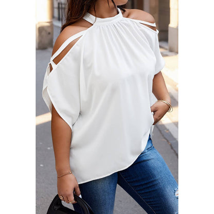 Plus Halter Open Shoulder Bat Sleeves Loose Top: WHITE / 3XL