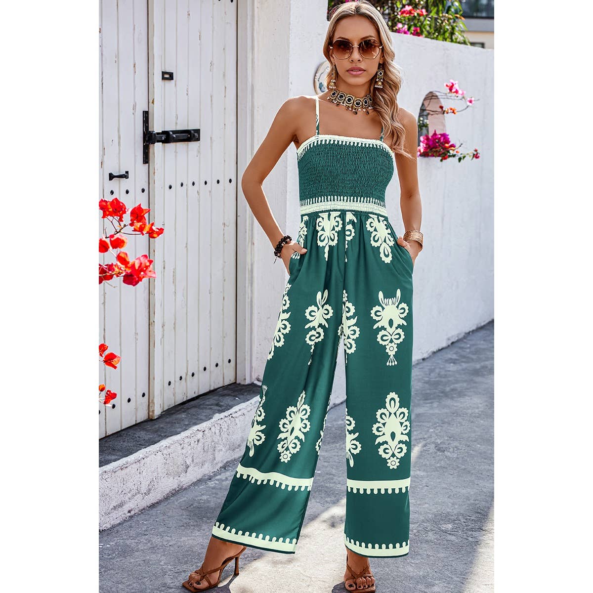 Geo Print Off Shoulder High Waist Fit Jumpsuit: GREEN