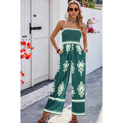 Geo Print Off Shoulder High Waist Fit Jumpsuit: GREEN